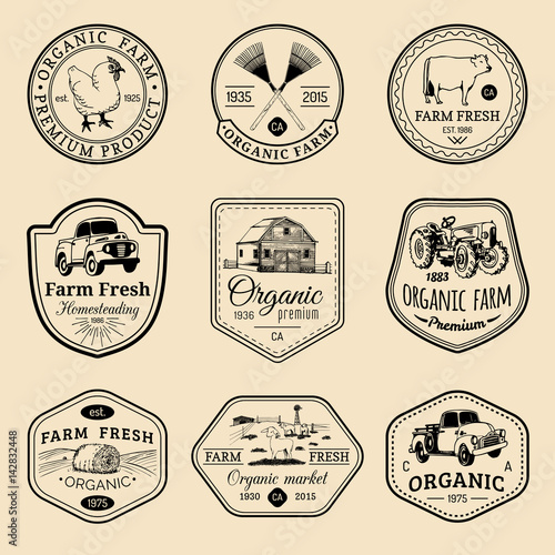Vector retro set of farm fresh logotypes. Vintage labels with hand sketched agricultural equipment illustrations.