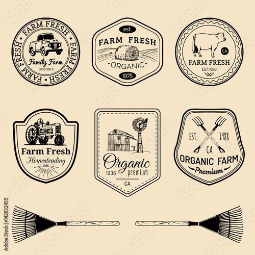 Vector retro set of farm fresh logotypes. Vintage labels with hand sketched agricultural equipment illustrations.
