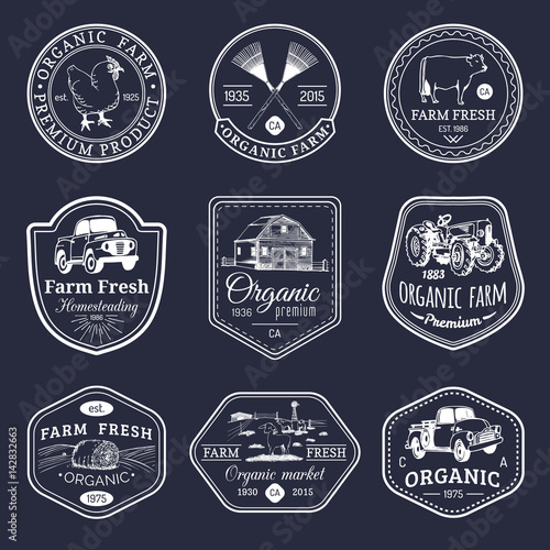 Vector retro set of farm fresh logotypes. Vintage labels with hand sketched agricultural equipment illustrations.