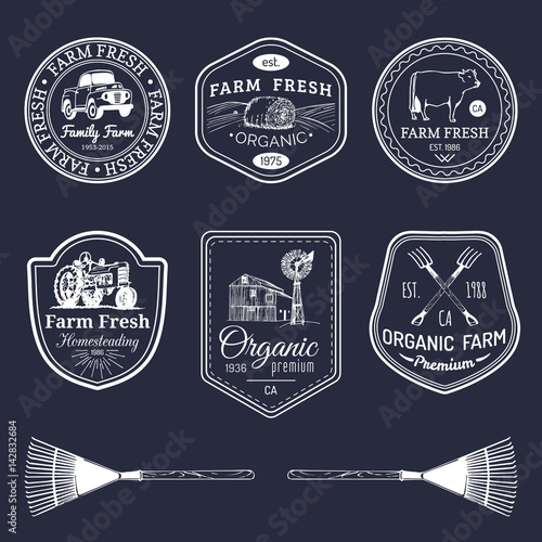 Vector retro set of farm fresh logotypes. Vintage labels with hand sketched agricultural equipment illustrations.
