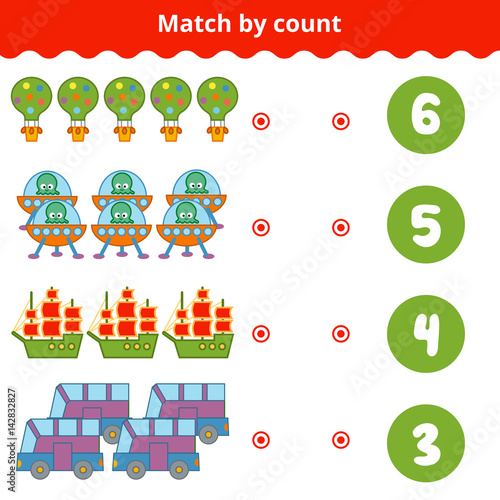 Counting Game for Preschool Children. Educational a mathematical game. Count the items in the picture and choose the right answer. Transport objects