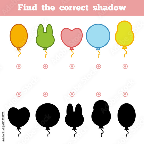 Find the correct shadow, game for children. Set of cartoon balloons