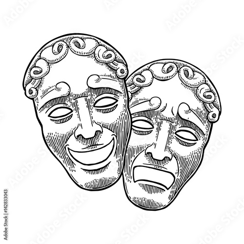 Comedy and tragedy theater masks. Vector engraving vintage black illustration