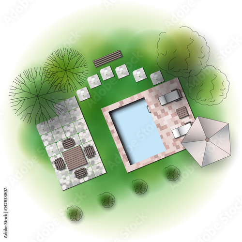 Architectural landscape design illustration with green plants, patio and swimming pool. Collection for landscape garden design, maps, plan. View from above.