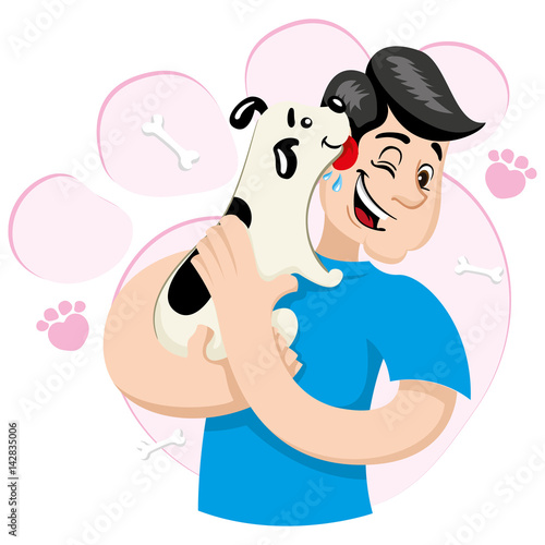 Illustration mascot bob hugging a dog demonstrating a lot of affection. Ideal for visual communication, veterinary information and institutional material