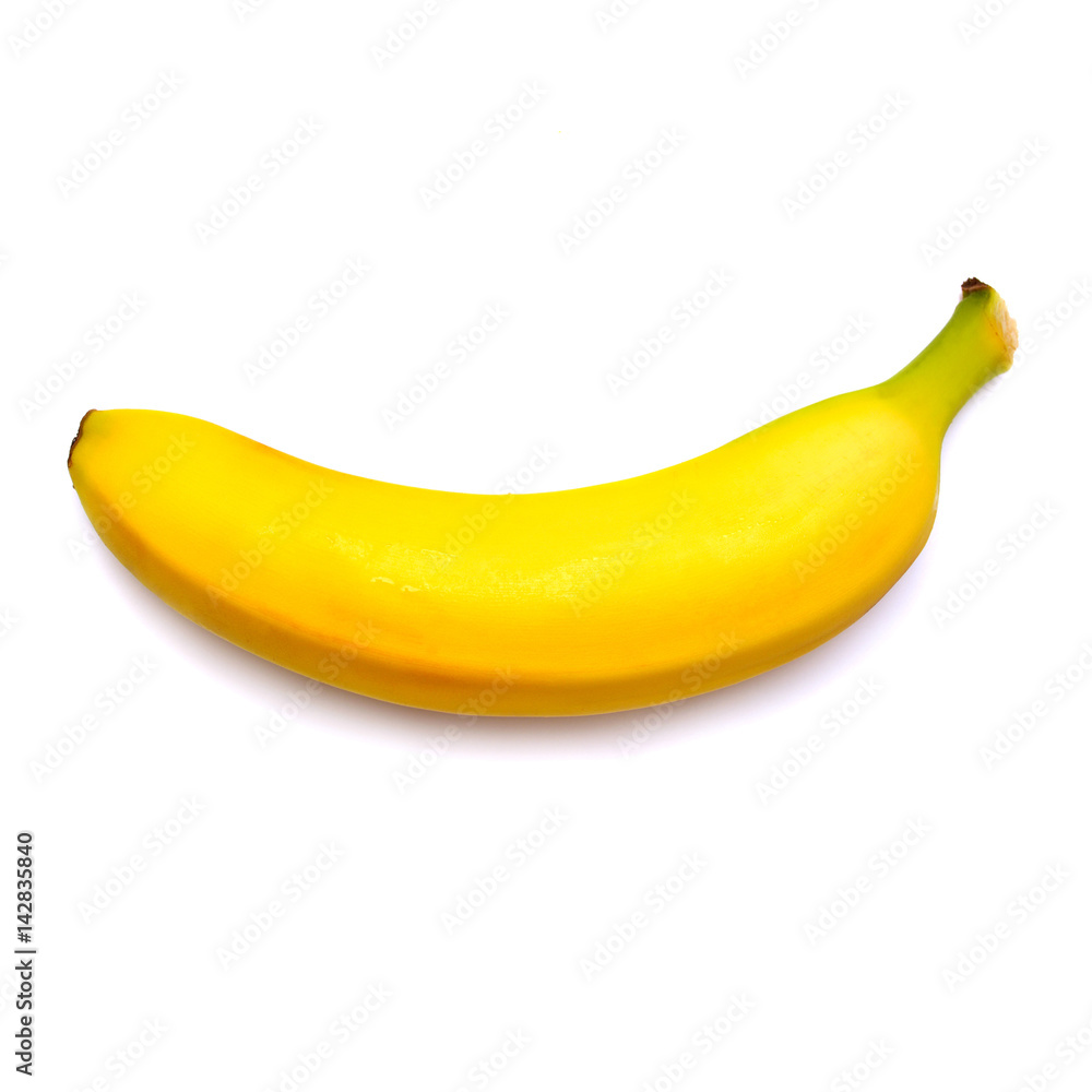 Single banana against white background. Flat lay, top view Single banana against white background. Flat lay, top view