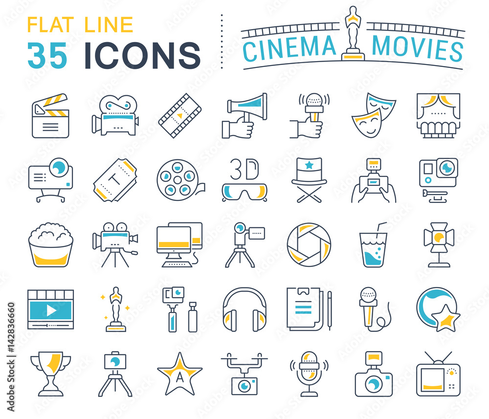 Fototapeta premium Set Vector Flat Line Icons Cinema and Movies