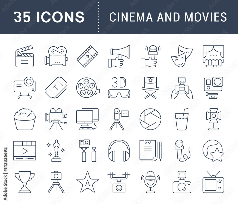 Naklejka premium Set Vector Flat Line Icons Cinema and Movies