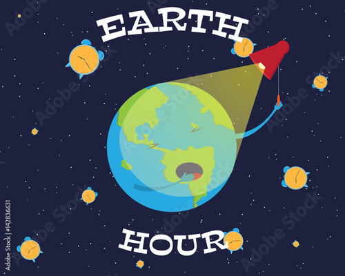 Illustration of Earth hour. Cartoon earth is going to turn off the lights