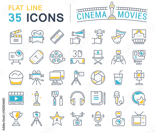 Set Vector Flat Line Icons Cinema and Movies