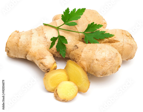 Fresh ginger root with parsley isolated on white background. Flat lay, top view
