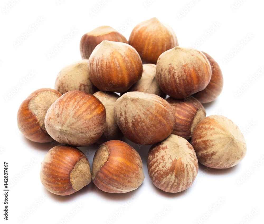 Hazelnut isolated on a white background. Nuts. Flat lay, top view Hazelnut isolated on a white background. Nuts. Flat lay, top view