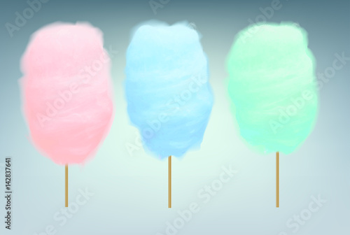 Pink, blue and green cotton candy. Realistic sugar clouds with wooden sticks. Vector isolated objects illustration.