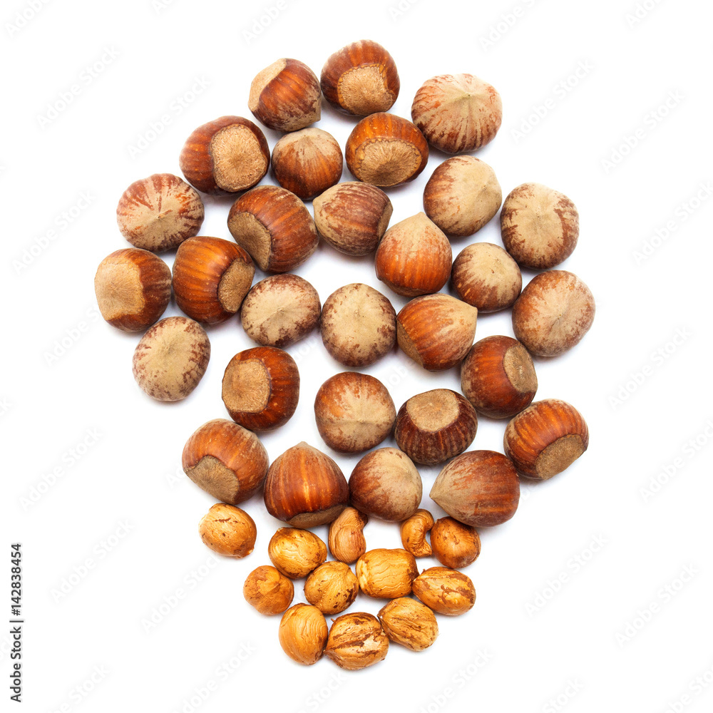 Hazelnut isolated on a white background. Nuts. Flat lay, top view Hazelnut isolated on a white background. Nuts. Flat lay, top view