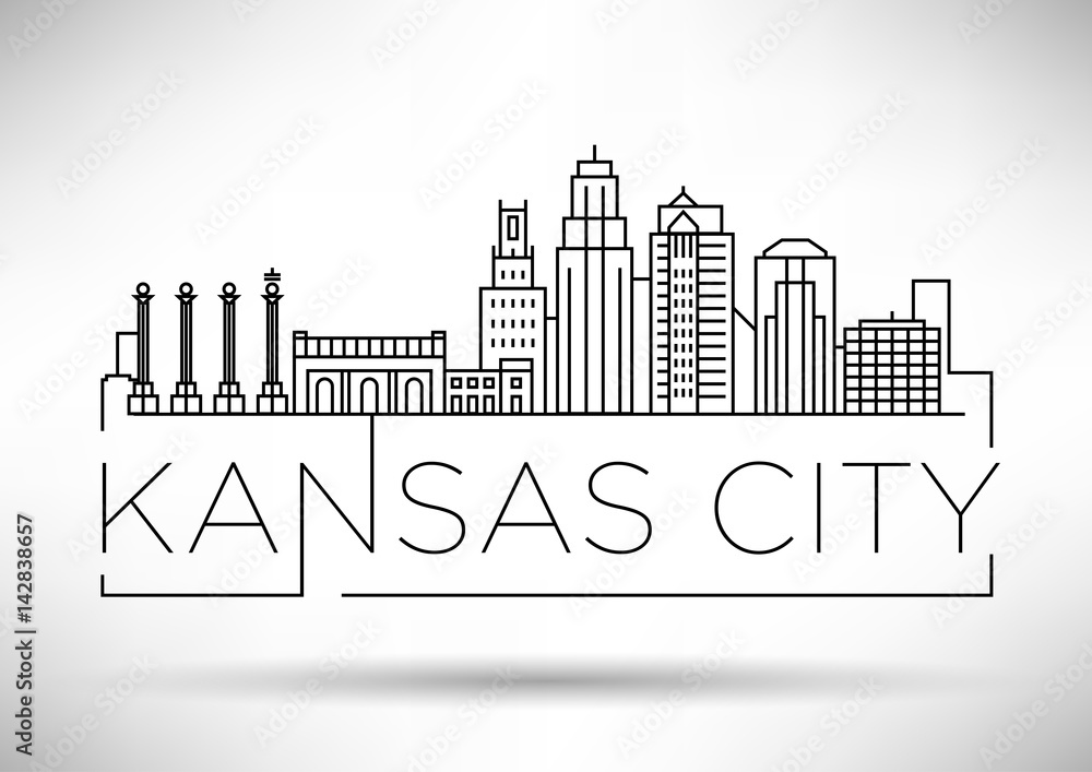 Plakat Minimalna liniowa panoramę miasta Kansas z typograficznym wzorem