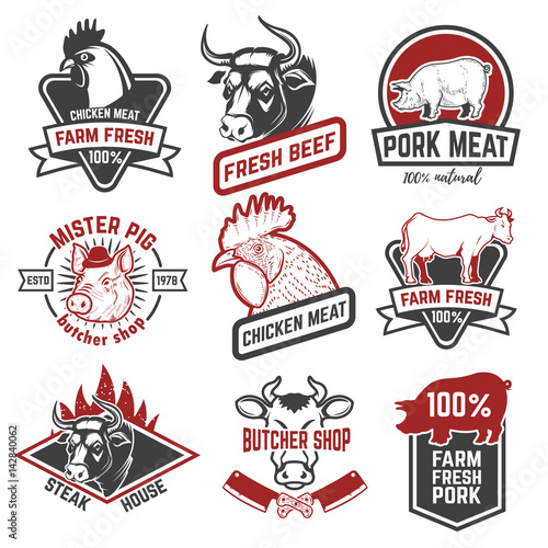 Beef, chicken, pork meat labels on white background. Design elements for logo, emblem, sign, badge. Vector illustration