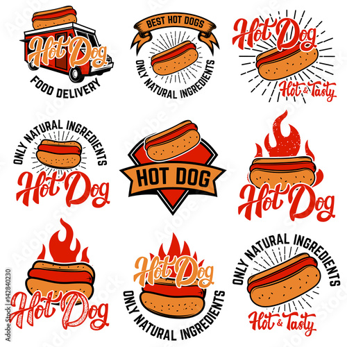 hot dog labels. Handwritten lettering logo, label, badge. Isolated on white background. Vector illustration.