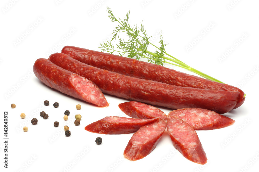 sliced red salami isolated on white background sliced red salami isolated on white background