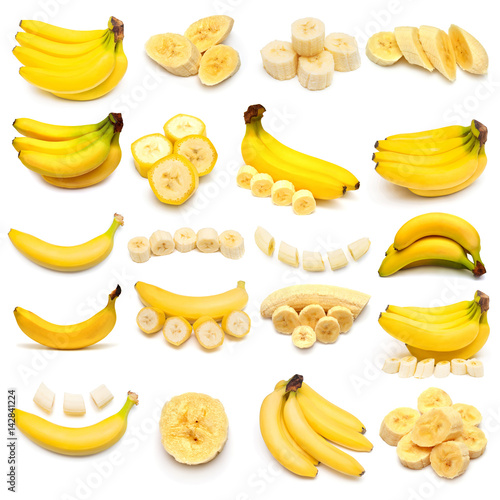 Collection of bananas isolated on white background. Flat lay, top view