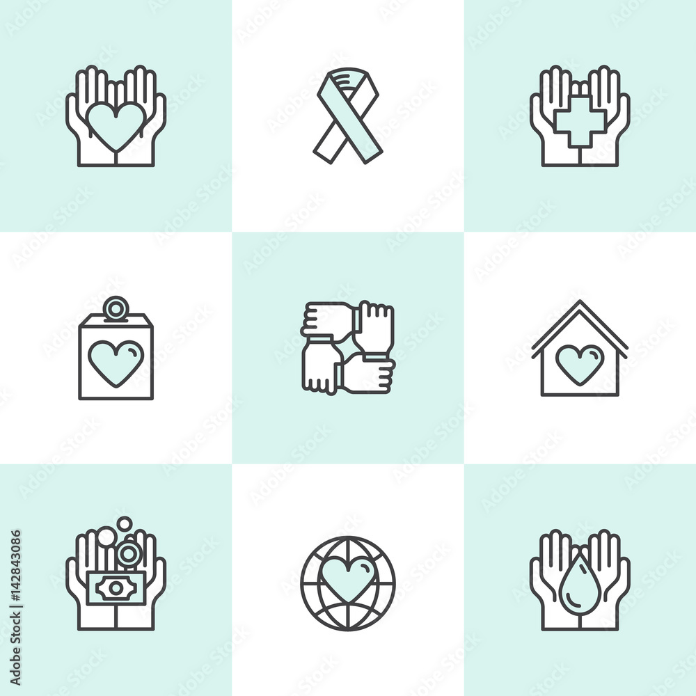 Vector Icon Style Illustration Set of Graphic Elements for Nonprofit Organizations and Donation Centre. Fundraising Symbols, Crowdfunding Project Label, Charity Logo, Cooperation, Volunteer, Support Vector Icon Style Illustration Set of Graphic Elements for Nonprofit Organizations and Donation Centre. Fundraising Symbols, Crowdfunding Project Label, Charity Logo, Cooperation, Volunteer, Support