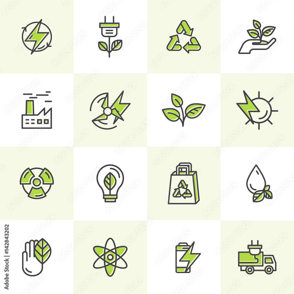 Vecteur Stock Vector Icon Style Logo Set Design of environment, renewable  energy, sustainable technology, recycling, ecology solutions. Website,  mobile app design, electric car,bio technology, package, solar power |  Adobe Stock