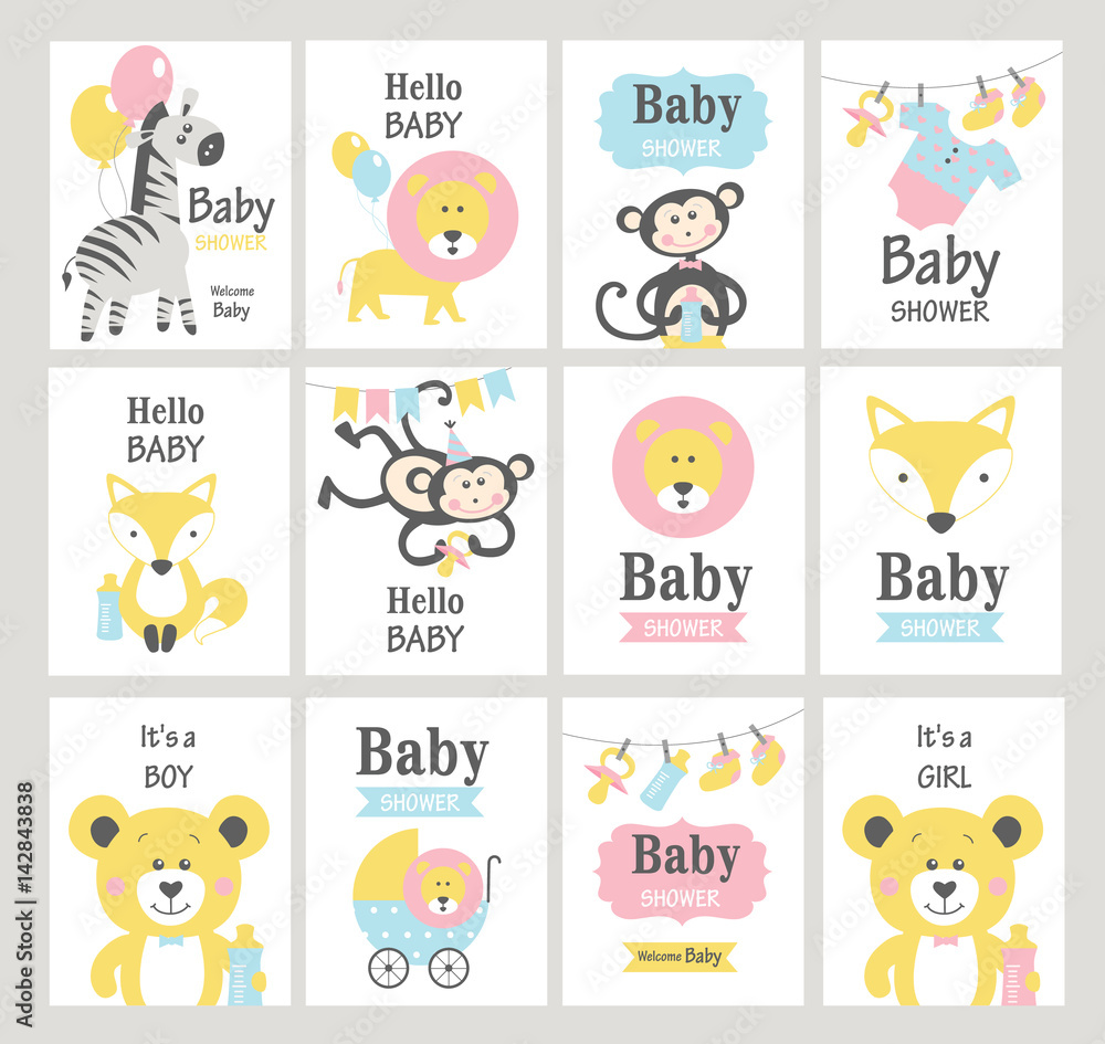 Fototapeta premium Set of baby shower cards on white background. Vector illustrations