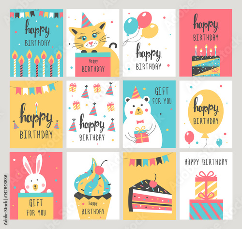 Happy Birthday card set. Vector illustration.