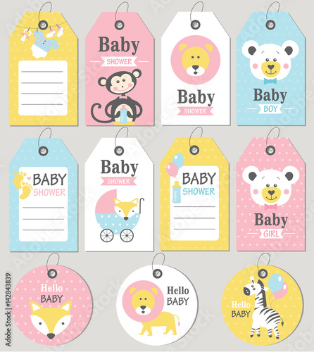 Gift tags and cards baby shower. Baby Arrival set. Vector illustration.