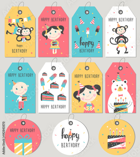 Set of Happy Birthday gift tags and cards. Vector illustration