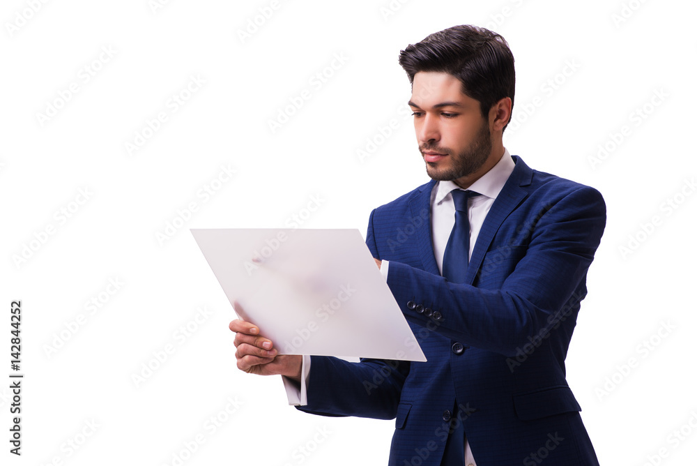 Businessman working on tablet isolated on the white background Businessman working on tablet isolated on the white background