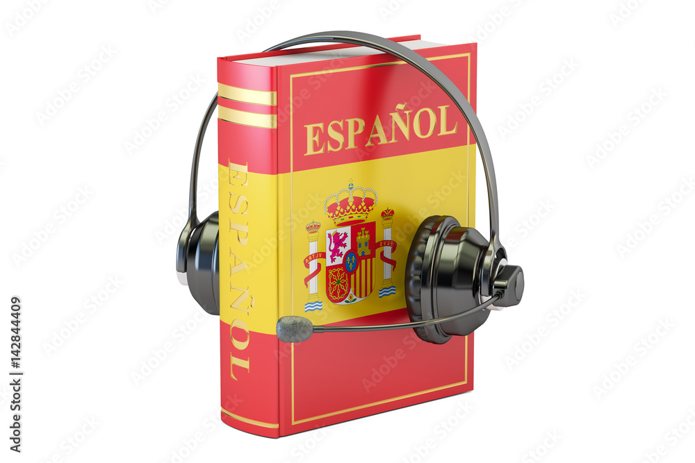 Spanish language textbook with headset, learning and translate concept