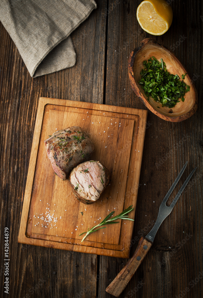 Roast beef steak with spices, seasonings and capers Roast beef steak with spices, seasonings and capers