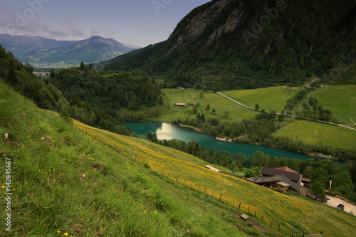 Turquoise lake between green flower fields and alps, Austria