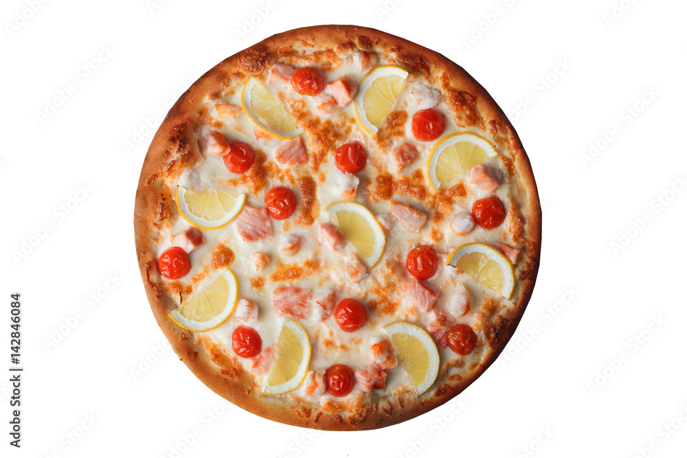 Pizza with shrimps and salmon, lemon, isolated on white background, top view, cherry tomatoes Pizza with shrimps and salmon, lemon, isolated on white background, top view, cherry tomatoes