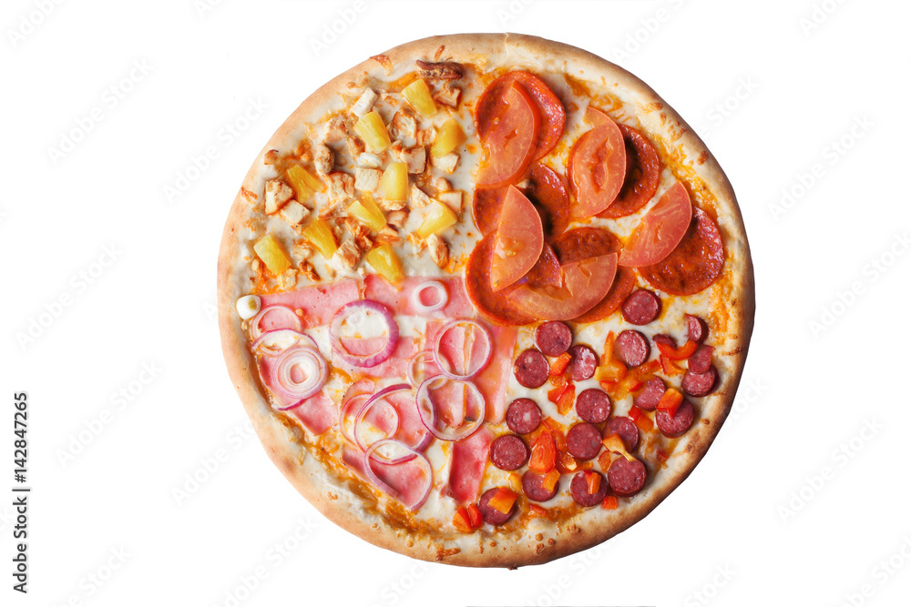 Pizza four sectors, chicken, pineapple, ham, onion, pepperoni, sausage, tomatoes, mushrooms, different flavors Pizza four sectors, chicken, pineapple, ham, onion, pepperoni, sausage, tomatoes, mushrooms, different flavors