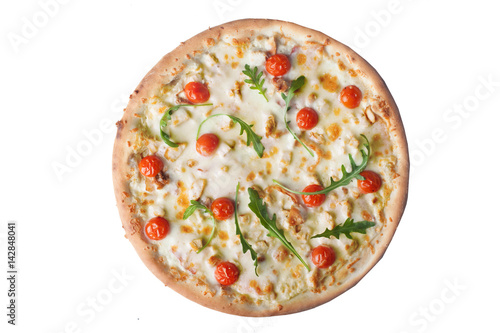 Pizza white sauce chicken, alfredo, arugula cherry tomatoes, top view isolated on a white background