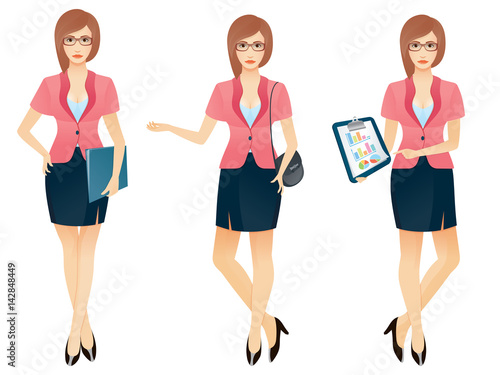 Cartoon sexy young business woman or secretary in various poses.