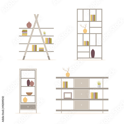 A set of shelves for books and vases on a light background. Classic furnishings. Flat design, minimalist style. Vector illustration.