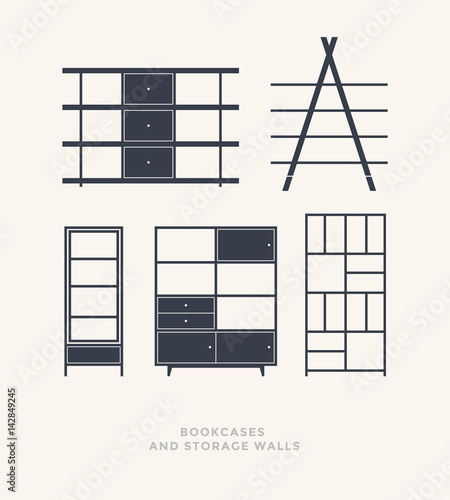 Set of bookcases and storage walls on a light background. Classic furnishings. Flat design, minimalist style. Vector illustration.