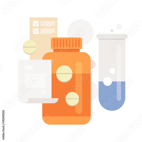 Pills and drug medicaments in flat style. Medical recipe. Vector illustration.