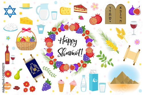 Shavuot icons set, flat style. Collection design elements on the Jewish holiday  Shavuot with milk, fruit,  torus, mountain, wheat, basket. Isolated on white background. Vector illustration, clip-art photo