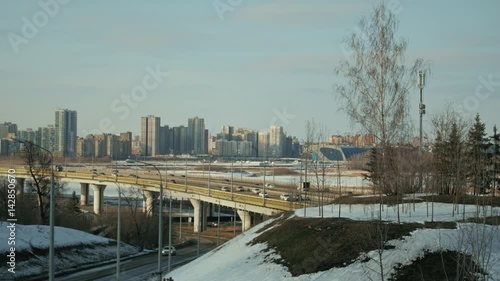 Spring city skyline with a bridge