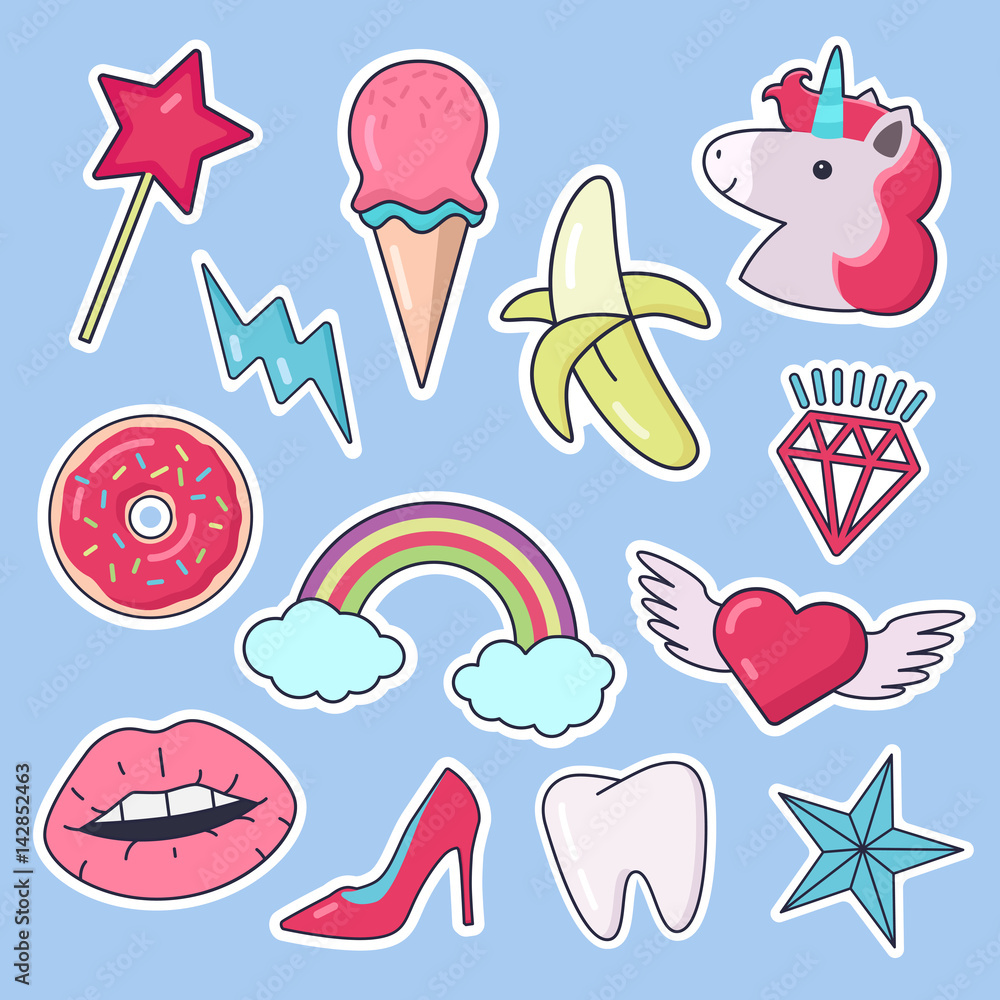 Fashion patch badges. Set of stickers, pins, patches in cartoon comic style of 80s-90s. Vector illustration isolated on background.