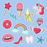 Fashion patch badges. Set of stickers, pins, patches in cartoon comic style of 80s-90s. Vector illustration isolated on background.