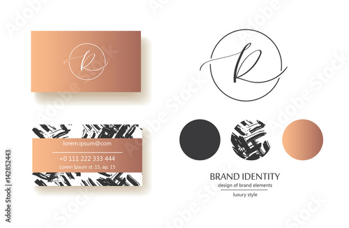 Sophisticated brand identity. Letter R line logo. Business card template included.