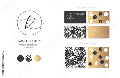 Sophisticated brand identity. Letter R line logo. Business card template included.