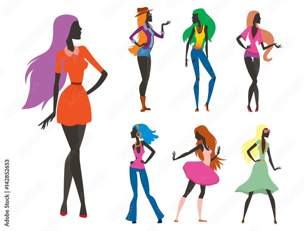 Fashion look girl silhouette beautiful girl woman female and pretty, young, model, style, hair, lady character glamour cute vector illustration. Fashion look girl silhouette beautiful girl woman female and pretty, young, model, style, hair, lady character glamour cute vector illustration.