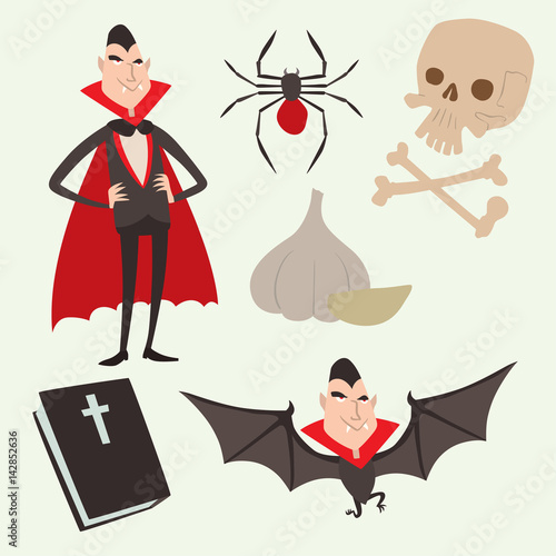 Cartoon dracula vector coffin symbols vampire icons character funny man comic halloween and magic spell witchcraft ghost night devil tale illustration.