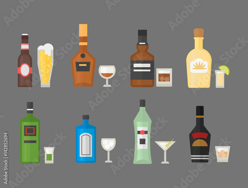 Alcohol drinks beverages cocktail whiskey drink bottle lager refreshment container and menu drunk concept different bottle and glasses vector illustration.