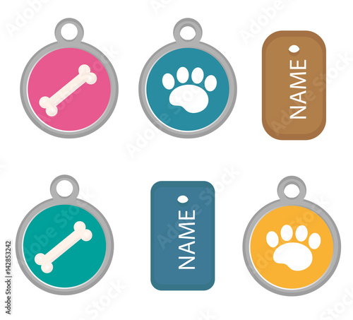 Medallion, dog tag set of icons, flat, cartoon style. Isolated on white background. Vector illustration, clip-art
